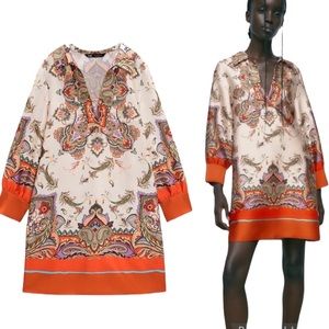 NWT Zara Satin Paisley Floral Printed Tunic Mini Dress - L